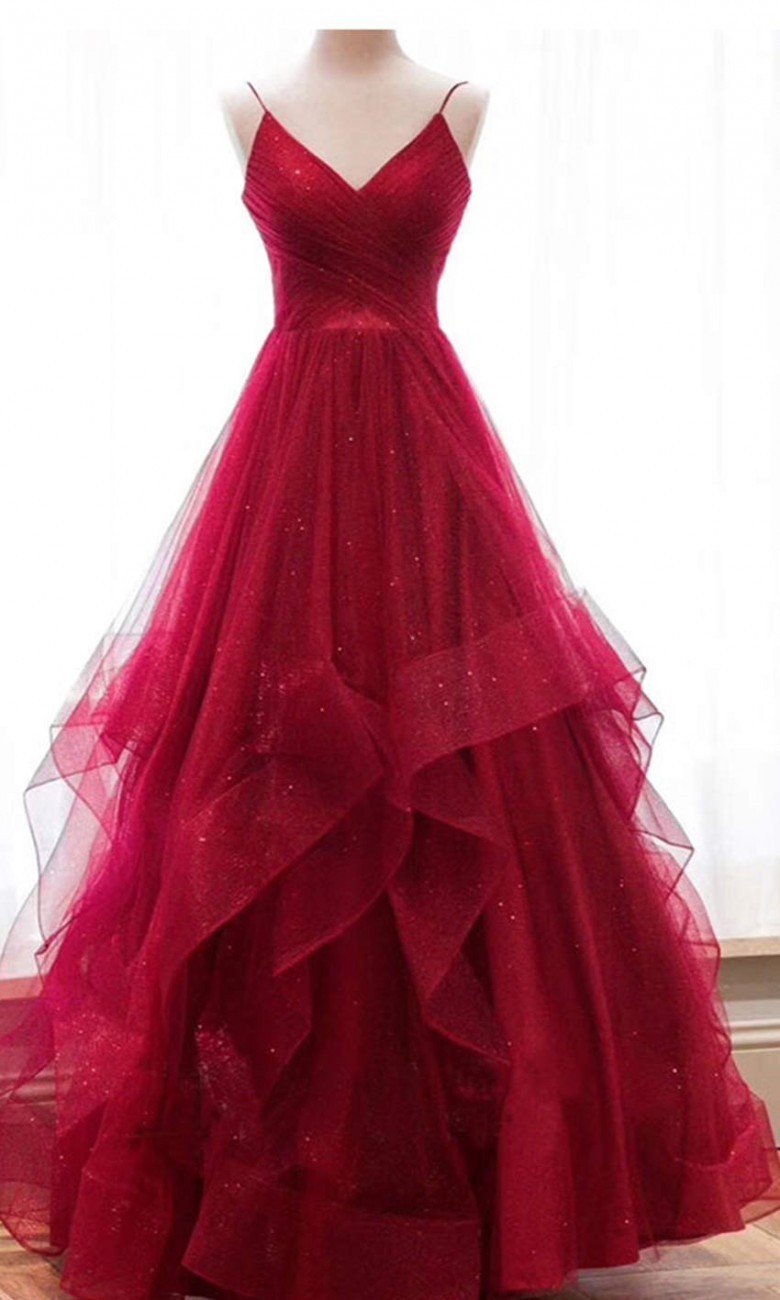 Long Sparkle Sequin Red Prom Gowns with V-neck KSP580