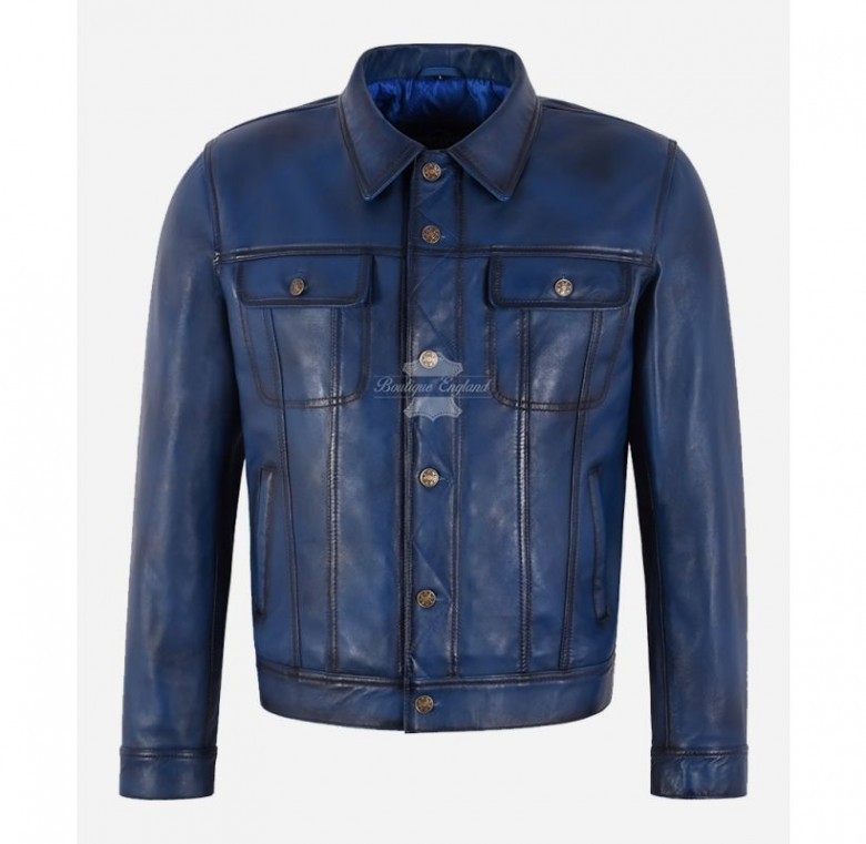 Men's Trucker Leather Jacket Blue Vintage Waxed Classic Casual Denim Look Andrew
