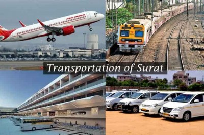 How can we go to surat by train bus road and flight?