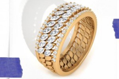 Unique Vintage Wide Wedding Band, Marquise Diamond Half Eternity Ring, Stackable Mothers Ring 14kt Yellow Gold