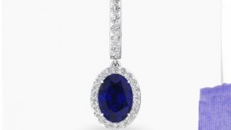 2.12 Ct Sapphire Diffused Huggie Earring, Halo Diamond Drop Earring, Bridal Gemstone Hoop Earring, Statement Wedding Earring, White Gold Jewelry
