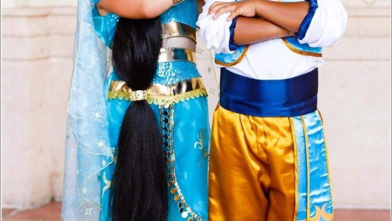 Girls Gold Embellished Satin Organza Aladdin Inspired Princess Jasmine Costume
