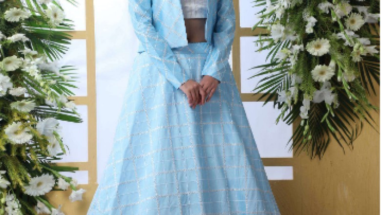 Buy Blue Sequins Georgette Party Wear Indo-Western Lehenga with Jacket Online from EthnicPlus for 2,899.00