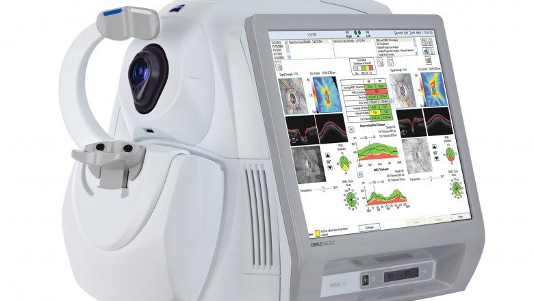 The high resolution cross-sectional images of the retina are obtained using optical coherence tomography devices.