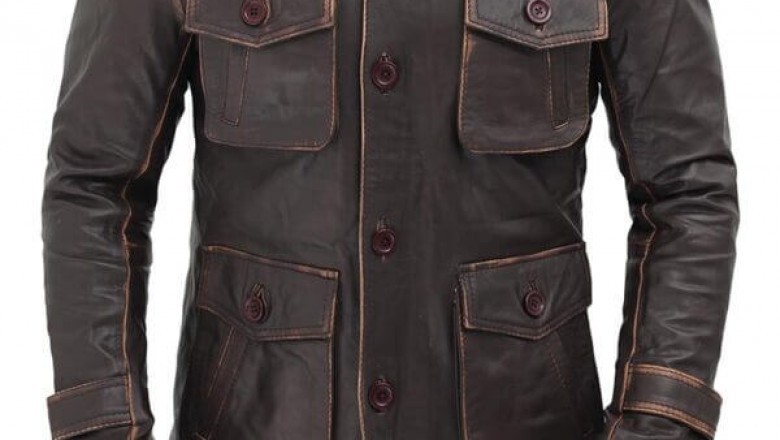 Atlanta Rough Four Button Pockets Man Distressed Brown Leather Jacket