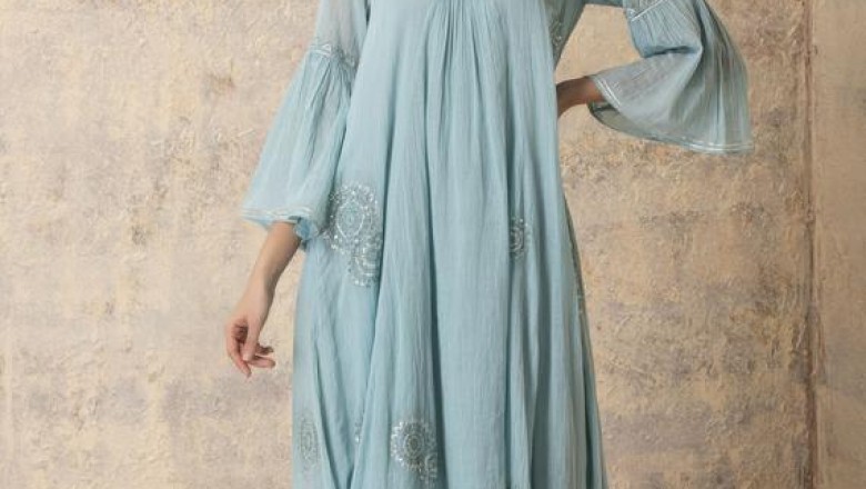 Aurora V-necked embroidered calf length dress with bell | Etsy