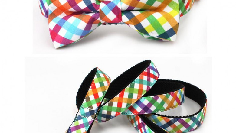 Free Engraving | Fashion Colorful Plaid Dog Bow Tie Collar | Personalized Dog ID Collar Leash set