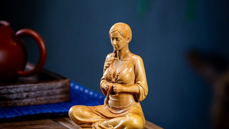 10cm Boxwood Meditation Girl Wood Statue Chinese Beauty Figure Sculpture