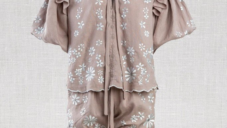 Linen Embroidered Smock Top ~ Pewter Posey