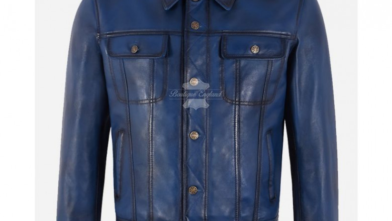 Men's Trucker Leather Jacket Blue Vintage Waxed Classic Casual Denim Look Andrew