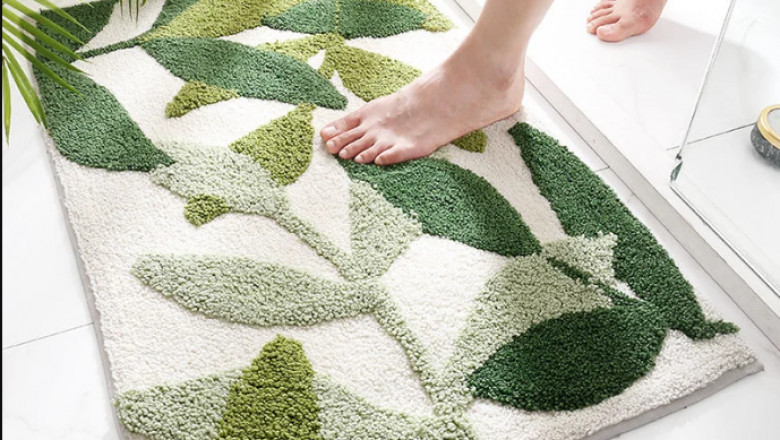Water Absorbing Bathroom Mats and Rugs Green Leaves Microfiber