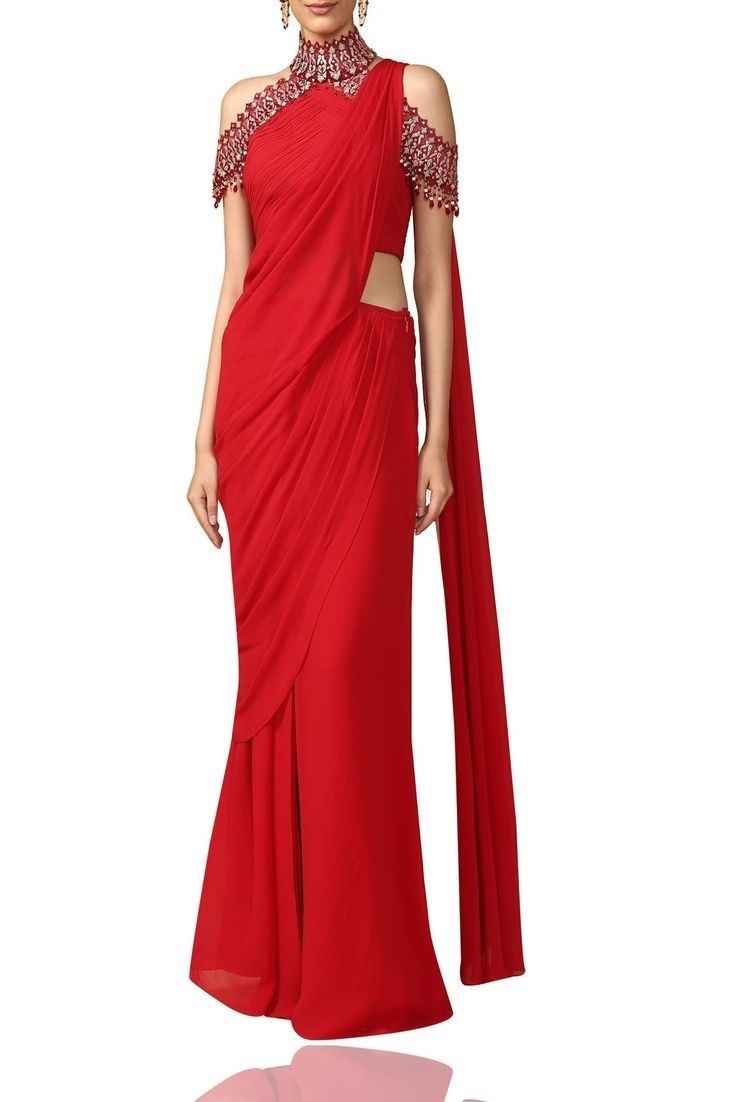 Red Color Stitched Saree Gown