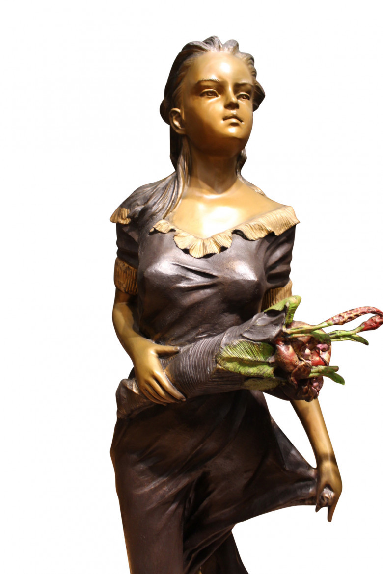 Woman Holding Bouquet Standing on Lily Bronze Statue
