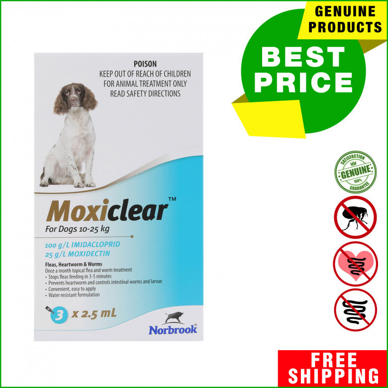 MOXICLEAR Flea Heartworm Worms Treatment for 10-25 Kg Dogs