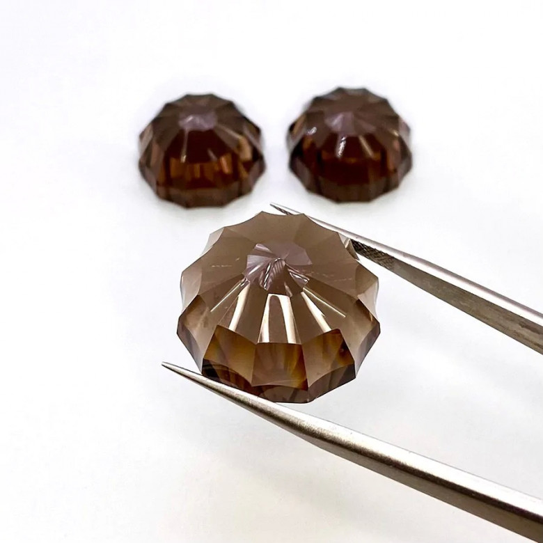 Smoky Quartz Concave Cut Round Shape Matched Cabochon Set
