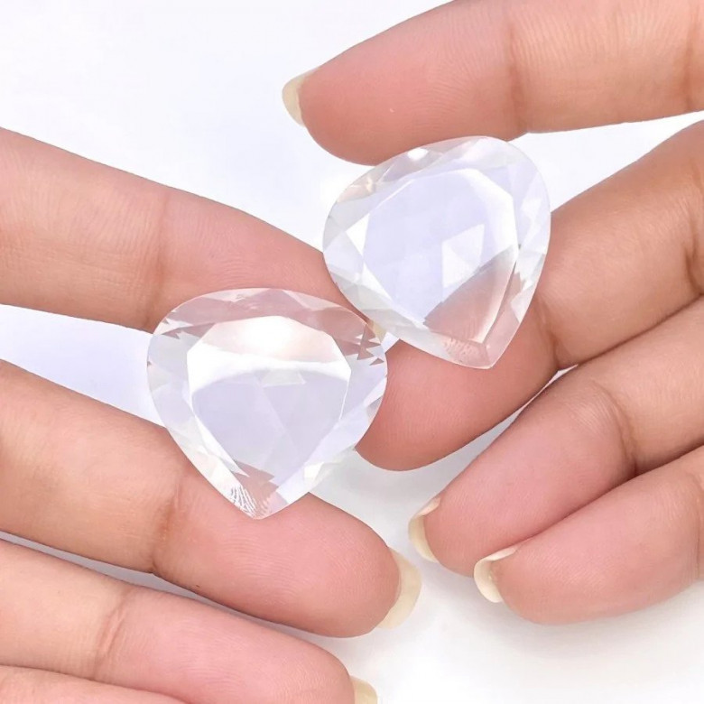 Ice Quartz Faceted Heart Shape Matched Gemstone Pair