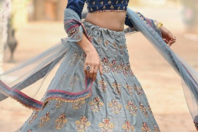 Buy Blue Silk Ruffle Lehenga Online from EthnicPlus for