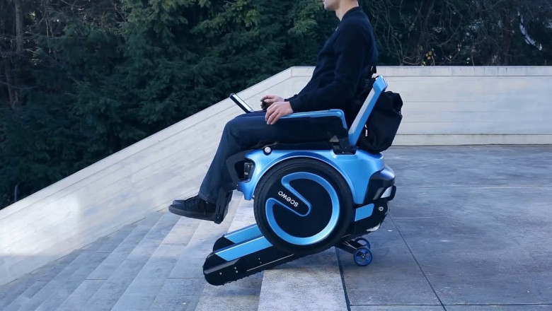 An automatic stair climbing wheelchair used by people who can't walk or have health issues that make them too weak to walk up or down stairs on their own use