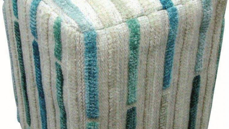 Decorative Hand Woven Playful High-Low Line Kea Khema 5 Turquoise Pouf
