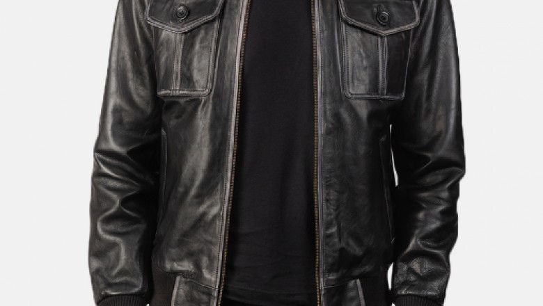 Aaron Black Leather Bomber Jacket