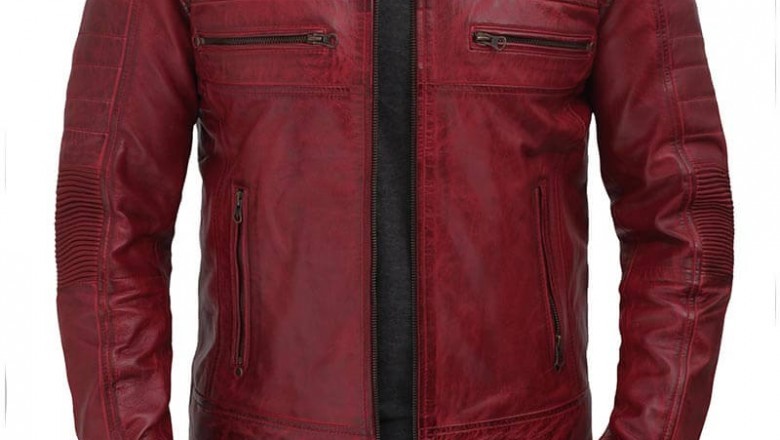 Austin Maroon Distressed Cafe Racer Leather Jacket Mens