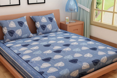 Dream Care Bold Leafy Print 100% Pure Cotton Bedsheet with 2 Pillow Covers, Double Bed (Blue)