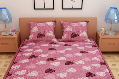 Dream Care Bold Leafy Print 100% Pure Cotton Bedsheet with 2 Pillow Covers, Double Bed (Pink)