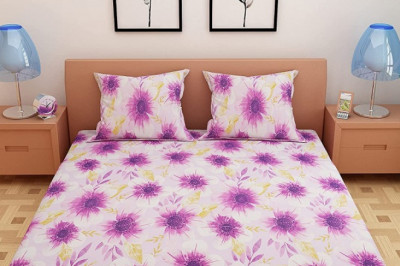 100% Pure Cotton Floral Print Purple Double Bedsheet with 2 Pillow Covers