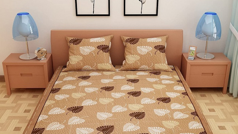 Brown Leafy Print Cotton Double Bedsheet with 2 Pillow Covers