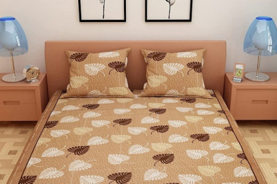 Brown Leafy Print Cotton Double Bedsheet with 2 Pillow Covers