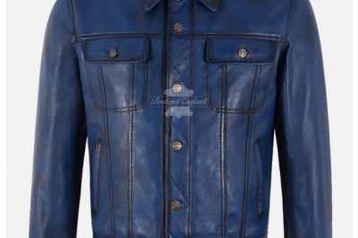 Men's Trucker Leather Jacket Blue Vintage Waxed Classic Casual Denim Look Andrew