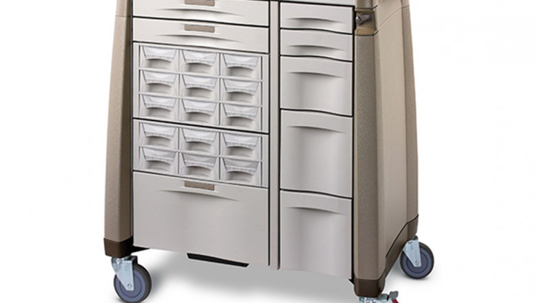 Medical carts have several drawers that are labelled with the contents.