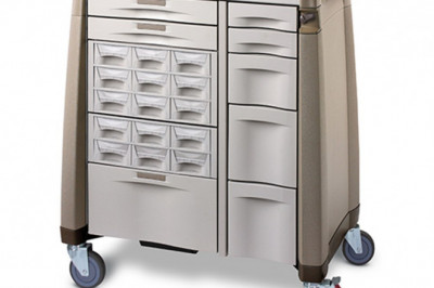 Medical carts have several drawers that are labelled with the contents.